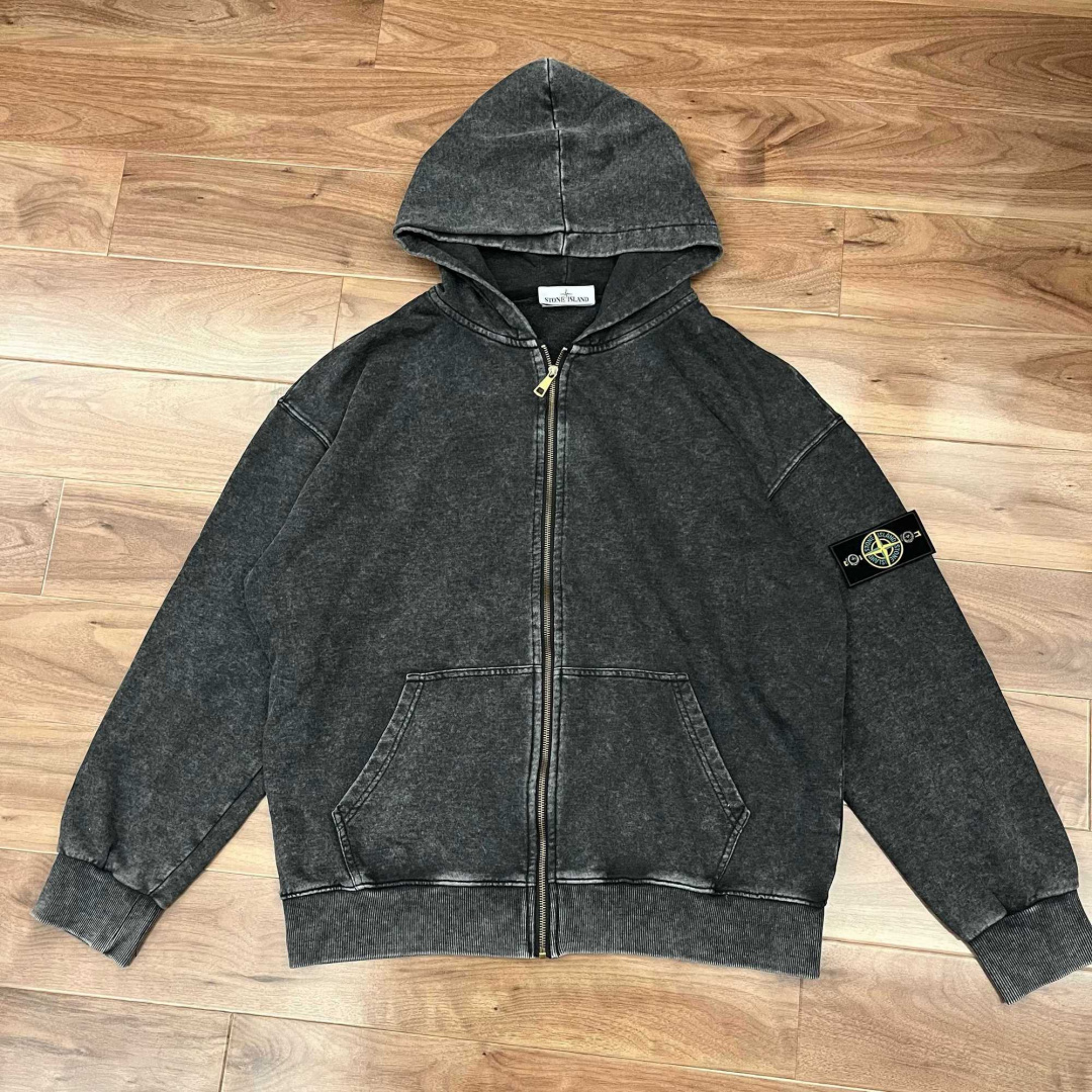 Вінтажне зіп-худі Stone Island з ефектом варки (Сіре)